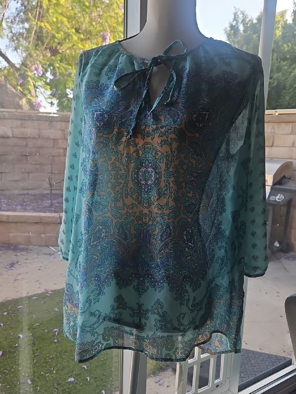 Ann Taylor Teal Paisley Tie-Neck Blouse 3/4 Sleeve LP Sheer
